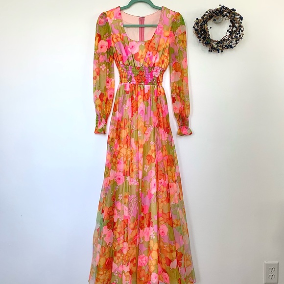Vintage Dresses & Skirts - Vintage 70’s Floral Chiffon Maxi Dress Neon multi color SM MED